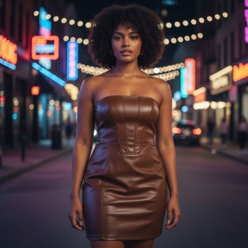 L.A. HEARTS PACSUN Chocolate Brown Faux Leather  Corset Mini Dress - Size L.